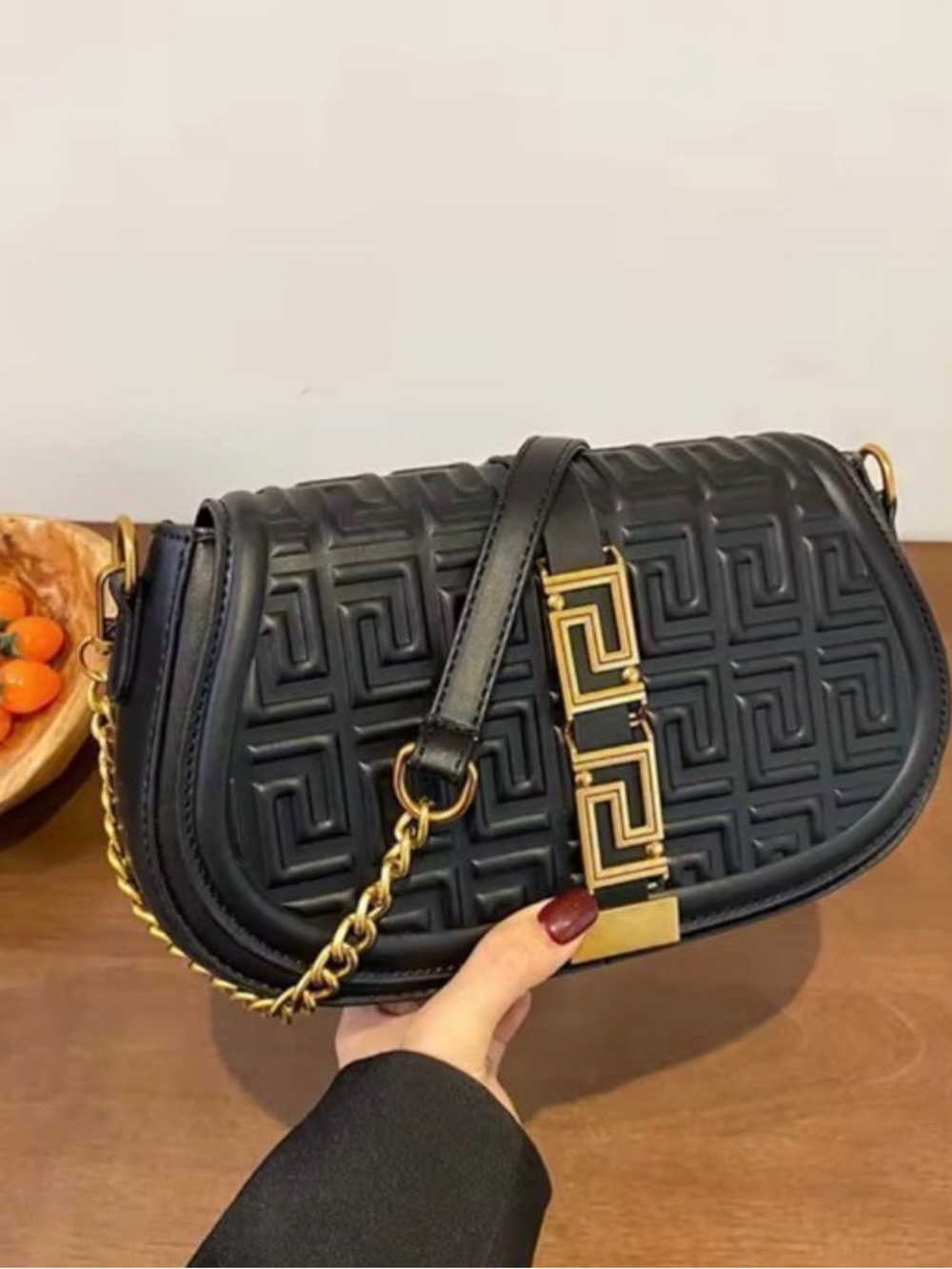 Black Quilted Saddle Bag with Gold Hardware